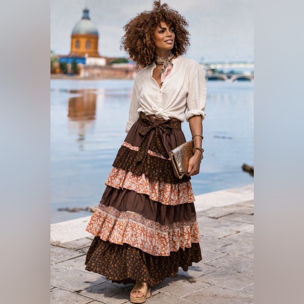 Hand Crafted Tiered Maxi Skirt - Brown & Pink Floral Panels